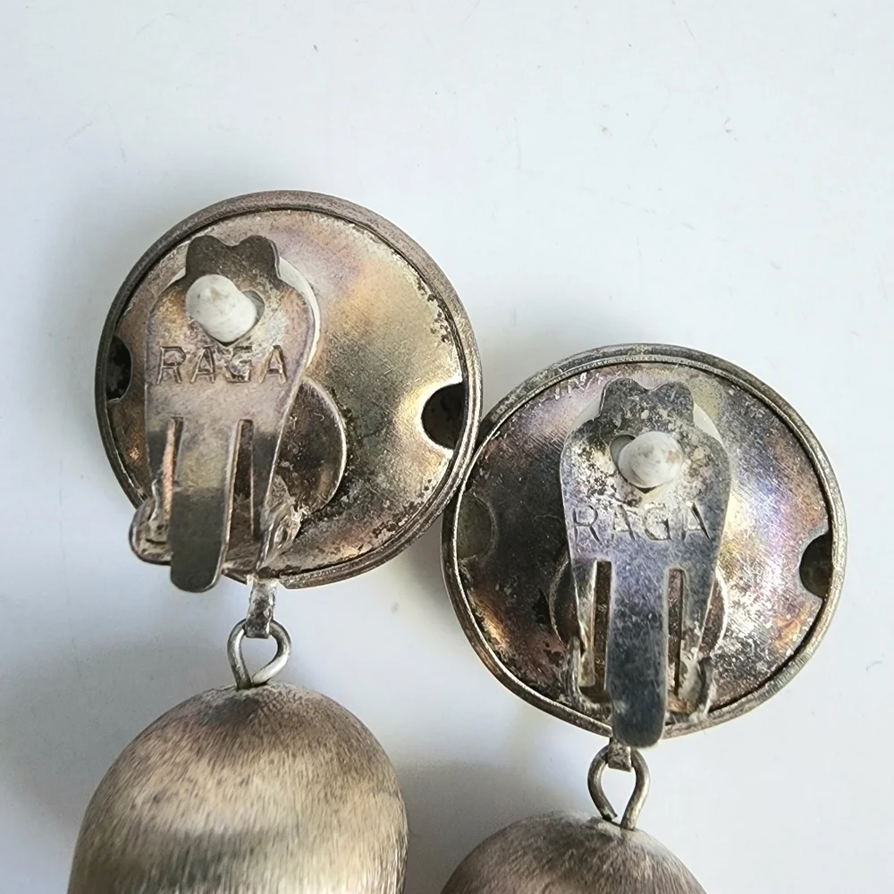 Vintage Clip-On Earrings RAGA Drop Textured Silver‎ Ball Sphere Beaded 60s 70s